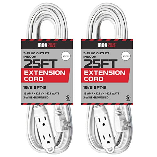 25ft White HouseHold Extension Cord Power Cord w// 3 Outlets